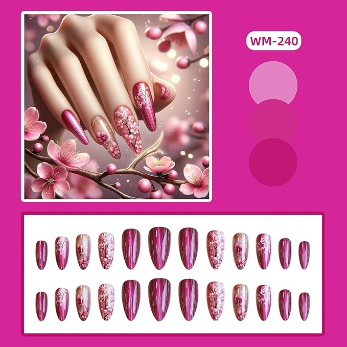 Flower Press on Nails Almond Medium Pink Floral Pattern Design Rose Red Acrylic False Nail Full Cover Glossy Blossom Artificial Fingernails DIY Reusable Press Ons Stick on Nails for Women