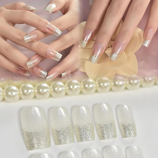 Medium Length Press on Nails Transparent Gold Glitter French False Nails Salon Manicure Reusable Stick on Nail Art Tips DIY Fake Fingernails Gift for Women Girls