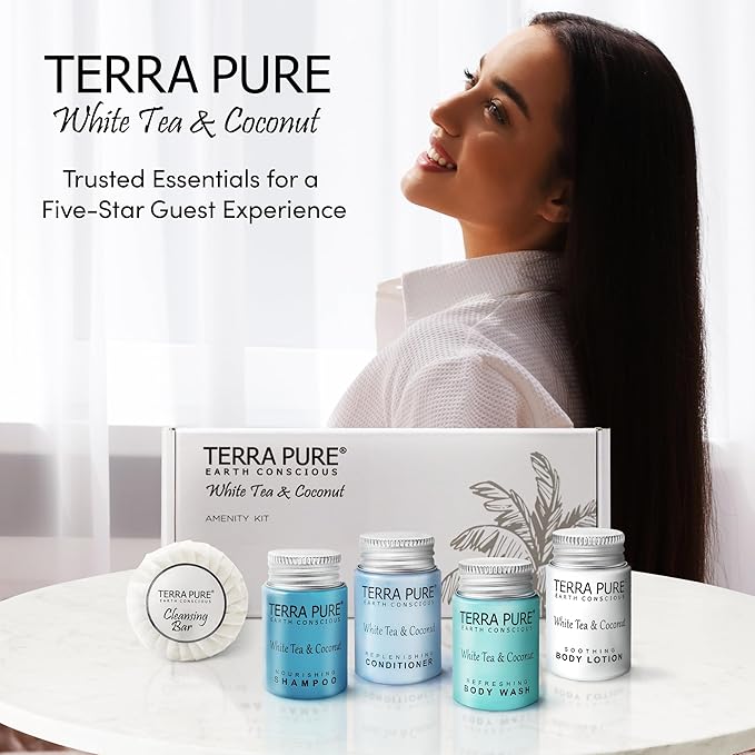 Terra Pure White Tea & Coconut Amenity Kit | Hotel Bulk Toiletries | 1 oz Shampoo, Conditioner, Lotion, Body Wash, Cleansing Bar for Guest Hospitality Vacation Rentals | 60 Sets/Case