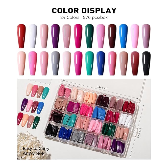 Press on Nails, 24 Colors 576PCS Long Square False Nails with 12 Sizes, Full Cover Press on Nails for Women, Lightweight Matte Natural Fake Nails for Nail Art Design