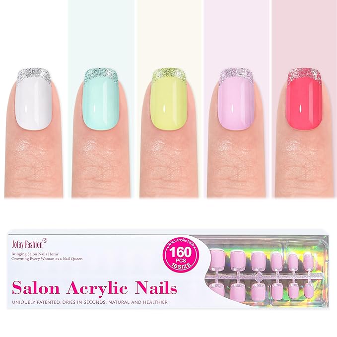 Press on Nails Short 5 Styles, Jofay Fashion 160Pcs Cat Eye Glitter French Tip Press on Nails for Women, Reusable Opaque Gel Fake Nails, Square Glue On Nails in 16 Sizes