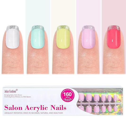 Press on Nails Short 5 Styles, Jofay Fashion 160Pcs Cat Eye Glitter French Tip Press on Nails for Women, Reusable Opaque Gel Fake Nails, Square Glue On Nails in 16 Sizes