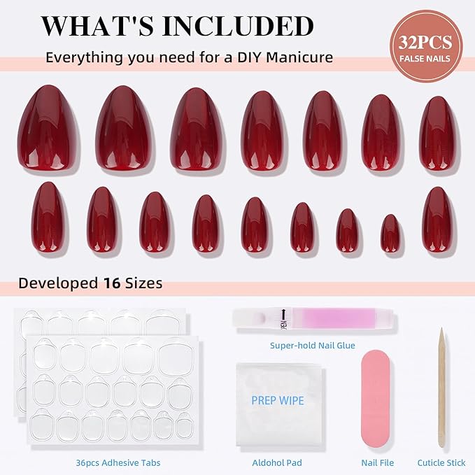 Red Press on Nails, Short Press on Nails Almond Reusable Glossy Cat Eye Nails Soft Gel False Nails Press ons for Women, 16 Sizes 32 Count Nails Kit with Glue (SV-08)