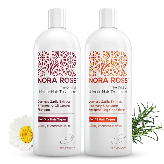 Nora Ross Garlic Extract Clarifying and Strengthening Shampoo and Conditioner with Rosemary – Deep Cleansing, Oil Control Combo for Women and Men – Vegan Formula with Fresh Chamomile – 32 oz each