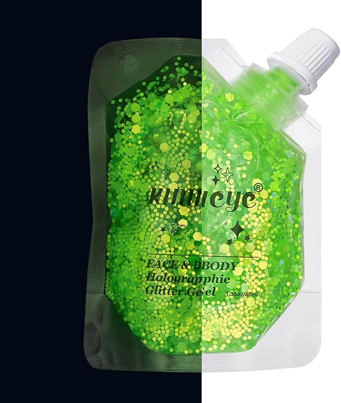 Holographic Face Glitter Gel Body Shimmer Makeup for for Hair, Face, Clavicle, Arm, Nail, Eyeshadow, Long Lasting Waterproof Mermaid Sequins Party Glitter for Rave Festival, 1.35oz (Luminous Green)