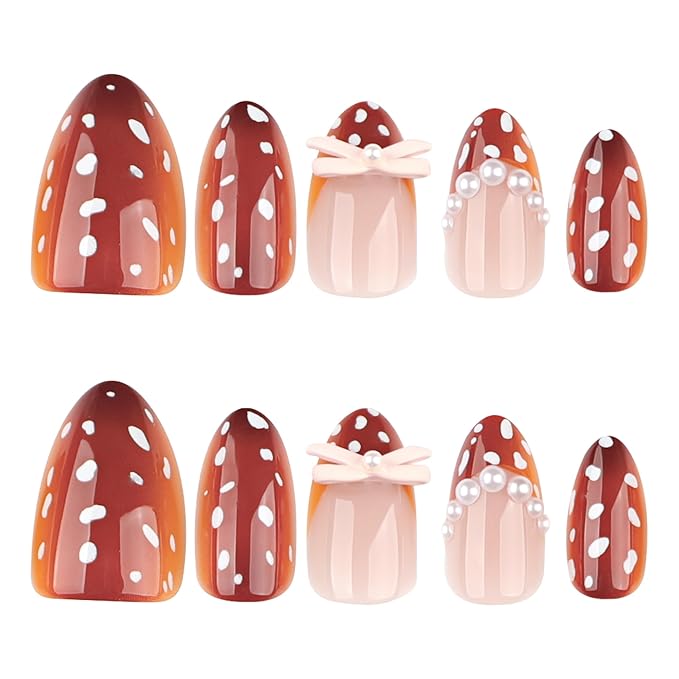Burnt Sienna Press On Nails Short Almond, cute Fake Nails with 3D Pearl & Bow Embellishments, White Polka Dot Detail, Glossy Gel Finish Acrylic Nails, Natural Reusable Glue On Nails Kit for Women