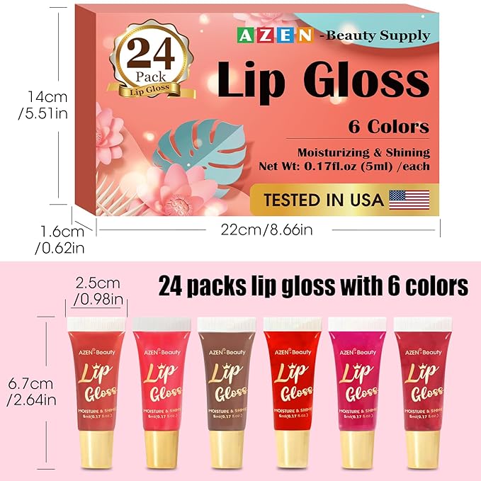 AZEN 24 Pack Lip Gloss Set, Color Lip Oil for Dry Cracked Lips Moisturizing Hydrating Nourishing with Vitamin E