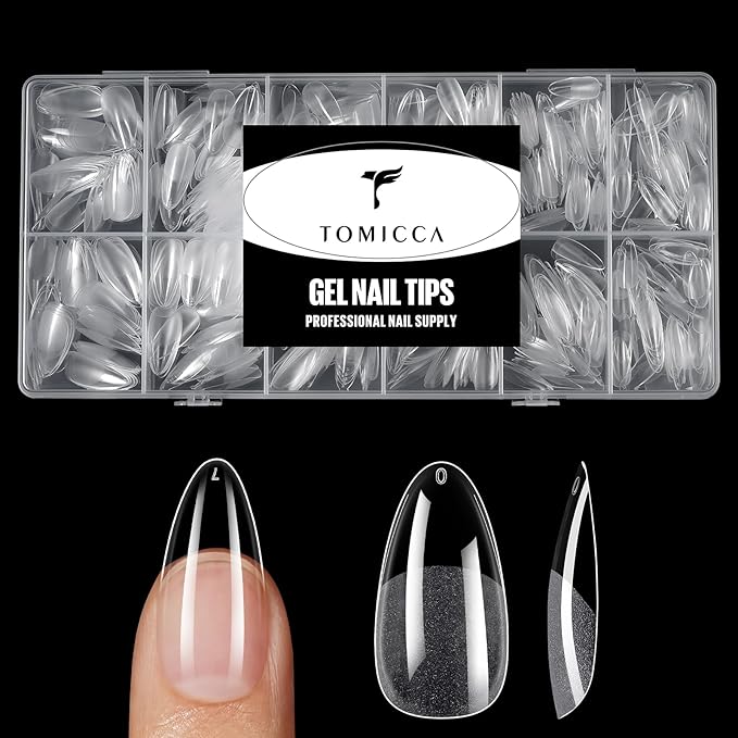 TOMICCA Almond Gel Nail Tips, Half Matte Pre Shaped No Filing Medium Almond Nail Tips, 240 Pcs Gel Tips 12 Sizes, Clear Acrylic Tips for Nail Art, Nail Extension at Home, For Beginners