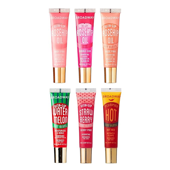 Ruby Kisses Broadway Vita-Lip Tinted Lip Gloss (6 Pack) Ultra-Hydrating, Nourishing, Soothing Formula with Vitamins, High-Shine Non-Sticky Lip Balm with Rosehip+Coconut Oil, Pink & Red Shades