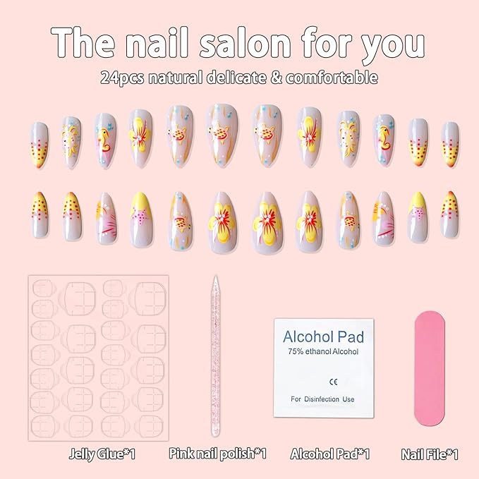 24Pcs Summer Press on Nails Short Almond Fake Nails with 3D Flower Designs Starfish False Nails Turtle Seahorse Stick on Nails Full Cover Acrylic Nails French Glue on Nails for Women Manicure Kit