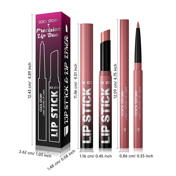 COOL STORY 2 Piece Lip Liner and Lipstick Set, Long Lasting Formula, Professional Makeup Kit (02)