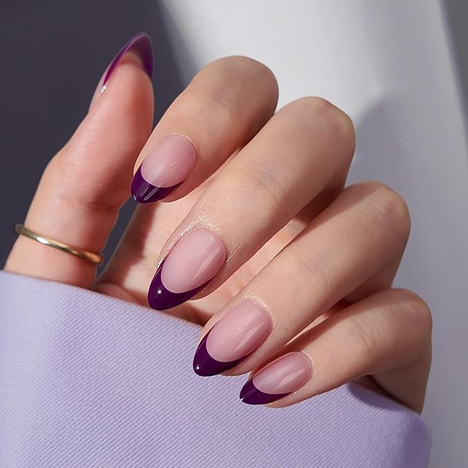 BTArtboxnails XCOATTIPS Purple French Tip Press On Nails - Short Press On Nails Almond, Soft Gel Nail Tips, 160Pcs Soak Off Acrylic Pink Fake Nail Extension in 16 Sizes