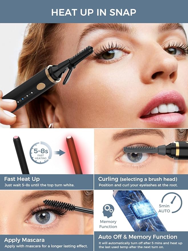 Smiling Shark Heated Eyelash Curler, 360°Wand-Style Heated Lash Brush Rechargeable with 3 Brush Heads & 3 Temp & 5s Fast Heating【Lengthen/Define/Curler】 3-in-1 Lash Curler for All Types of Lashes