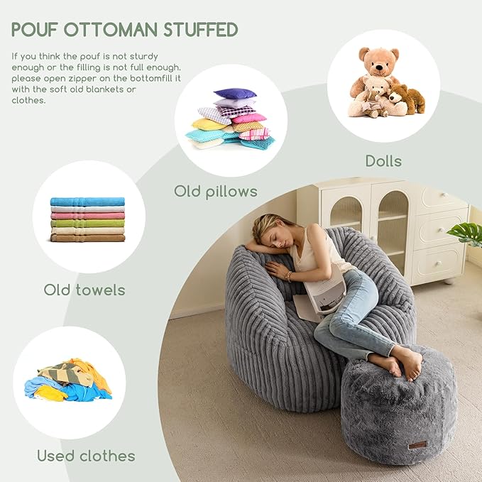 HIGOGOGO Pouf Stuffed Ottoman Round Modern Foam Filled Foot Rest Chair Decorative Poufs 20 x 15 Inches Fluffy Boho Comfy Stool for Living Room, Grey