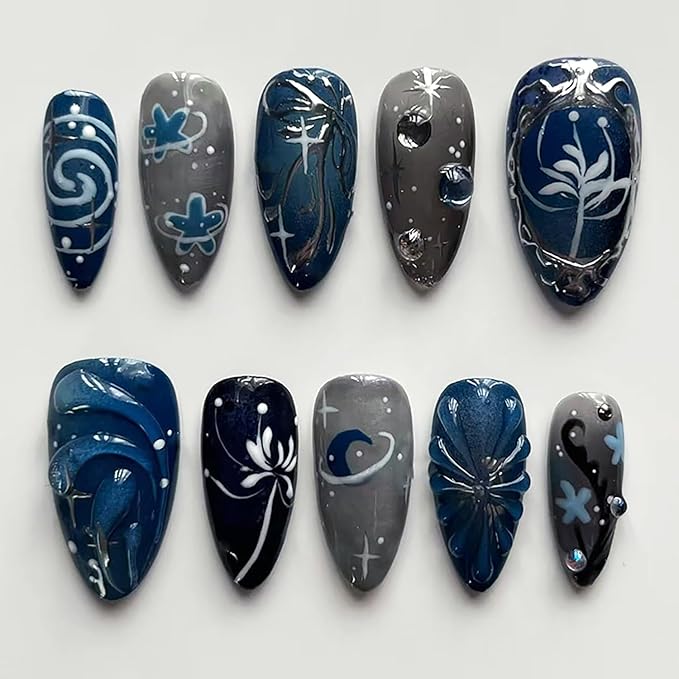 24Pcs Dark Blue Press on Nails Medium Almond Fake Nails with 3D Designs Halloween Acrylic Nails Full Cover Fall False Nail Tips Star Flower Bow Glue on Nails for Women Reusable Nail Kits