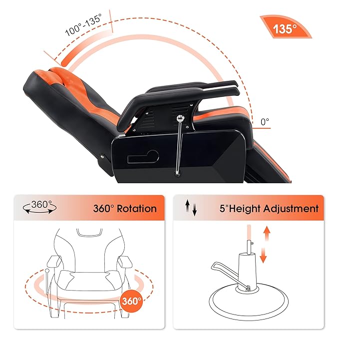 BarberPub Heavy Duty Reclining Barber Chair, All Purpose Hydraulic Salon Chairs for Hair Stylist, Barbershop Salon Tattoo 2688(Orange)