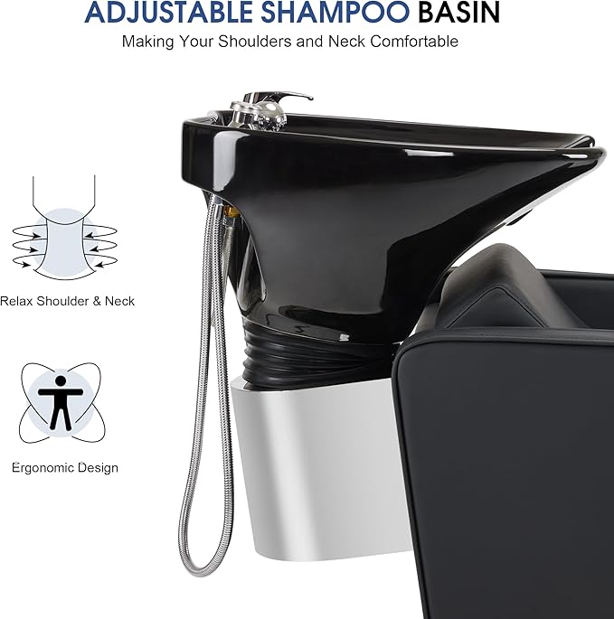 BarberPub Backwash Shampoo Station Chair, Adjustable Porcelain Ceramic Hair Wash Bowl Sink Unit Station, Reclining Shampoo Station Chair for Spa Beauty Salon Hair Salon Equipment 9303 (Black)