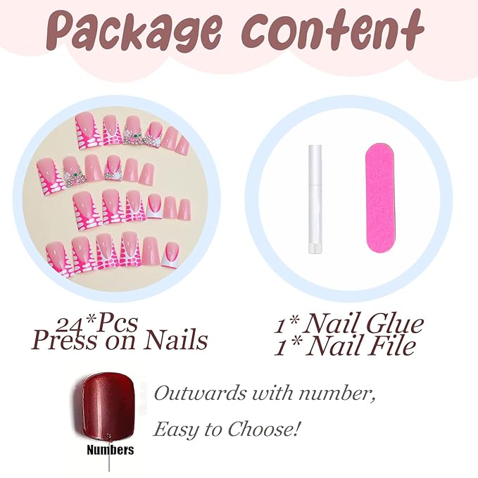 BABALAL Duck Nails Press ons Pink French Tips Press on Nails False Nails with Rhinestone Cherry Flower Designs Glossy Luxury Duck Nail Tips 24pcs Gel Acrylic Manicure False Nails Kit