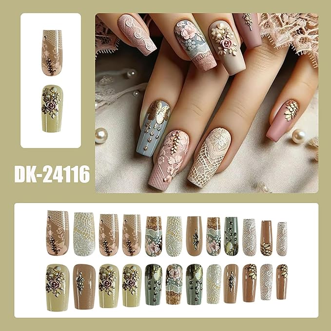 Flower Press on Nails Medium Ballet Shaped Rose Floral Lace Pattern Design Full Cover Glossy Acrylic False Nail Artificial Press Ons Fake Nail DIY Reusable Glue on Nails for Women 24Pcs