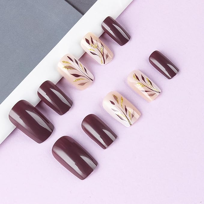 Fall Leaves Stick on Fingernails 24Pcs Glossy Gold Glitter Acrylic Fake Nail Maple Leaf Press on Nails Thanksgiving Medium Square False Nails Autumn Gel Glue on Nail for Coquette Women Girls