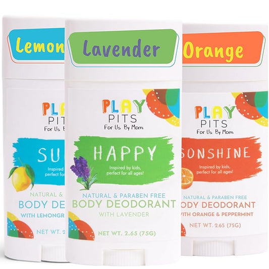 PLAY PITS - Natural Kids Whole Body Deodorant - Safe for Girls & Boys w/Sensitive Skin of All Ages - Clean & Paraben Free – SUGA, SONSHINE, & HAPPY - Infused w/Essential Oils – Variety 3 pack