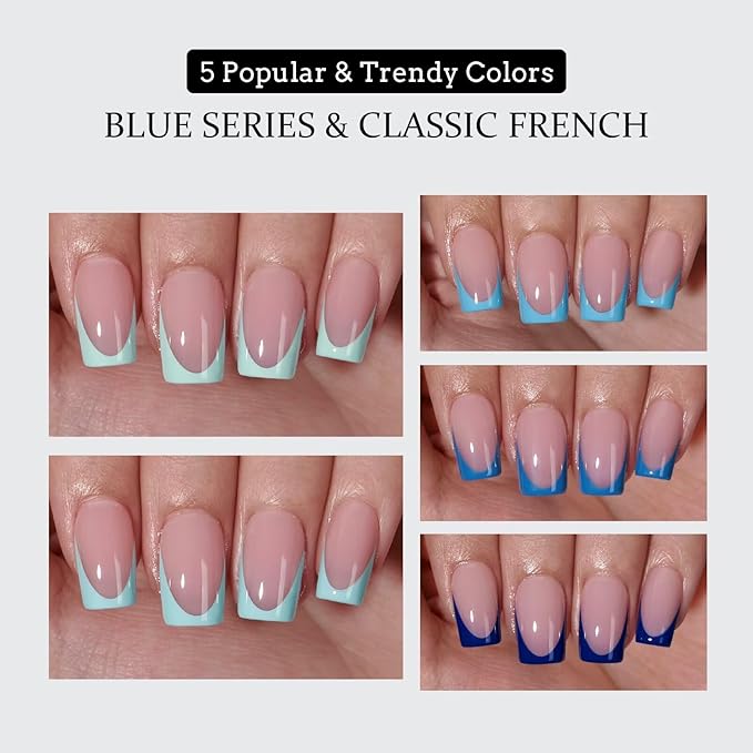 BTArtboxnails XCOATTIPS French Tip Press On Nails - Blue Press On Nails Short, Square Fake Nail Tips, 160Pcs Soak Off Soft Gel Acrylic Nail Extension in 16 Sizes