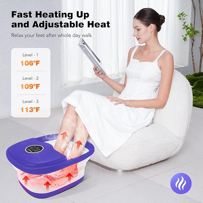 Collapsible Foot Spa with Heat, Remote Control, Temperature Control, Bubbles, Pumice Stone, Red Light, Timer, 16 Massage Roller Pedicure Foot Bath Tub Foot Soaker for Feet Stress Relief, Purple