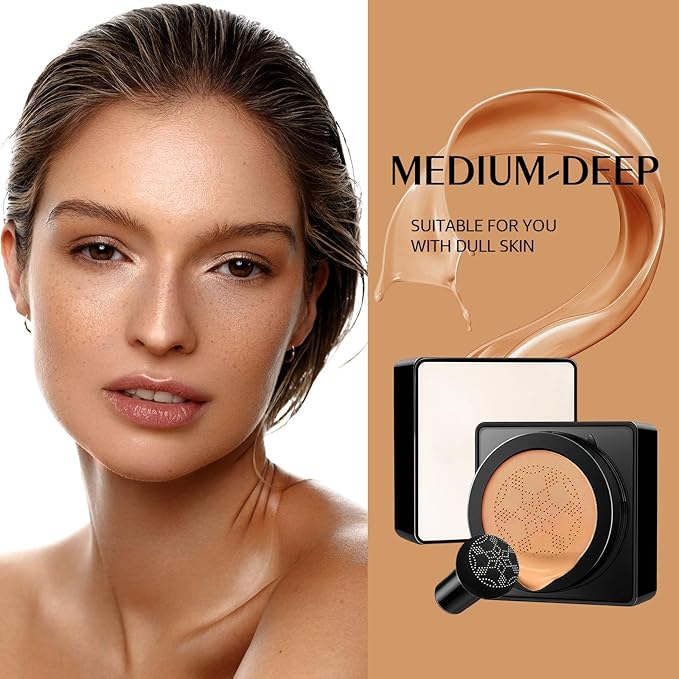Air Cushion CC Cream Mushroom Head - Moisturizing Screw Lid Concealer Makeup Base Create Long-Lasting & Waterproof Makeup, Cushion Foundation Full Coverage for All Skin Types (Medium Deep)