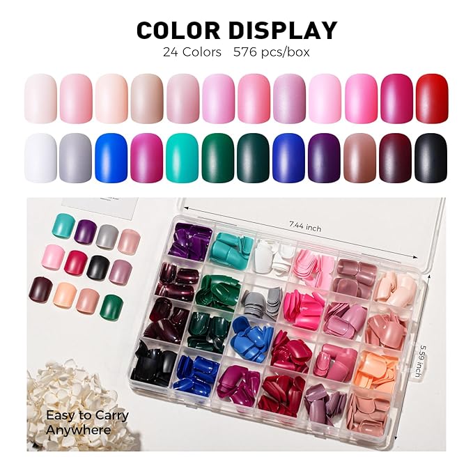 Press on Nails, 24 Colors 576PCS Short Square False Nails with 12 Sizes, Full Cover Press on Nails for Women, Lightweight Matte Natural Fake Nails for Nail Art Design