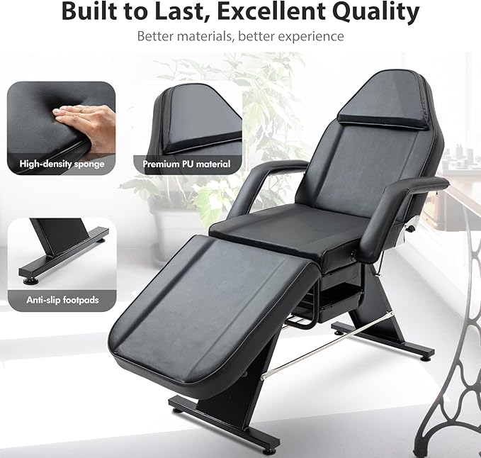 Esthetician Bed for Facial Tattoo Chair with Two Trays Adjustable Folding Salon Bed with Hydraulic Stool Massage Bed for Professional Massage Facial Lash Beauty Treatment Spa, Black