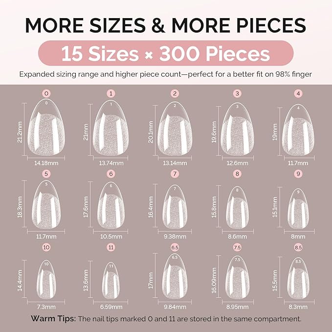 MelodySusie Short Almond X Nail Tips - 300Pcs Clear Acrylic,Half Matte Full Cover Press on Nails for DIY Extension & Salon Use,15 Sizes Pre-Shaped for Long-Lasting Manicure
