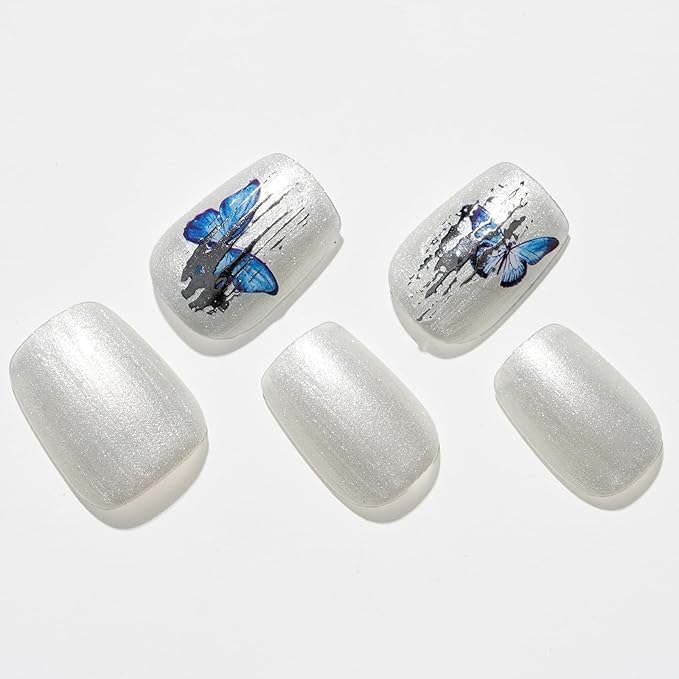 GLAMERMAID Press on Nails Extra Short Square, Fall Handmade Sliver with Butterfly Gel Glue on Nails, Glossy Fake Nails Reusable Acrylic False Nails Manicure Kits for Women