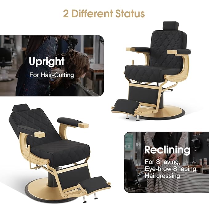 BarberPub Heavy Duty Metal Vintage Barber Chair All Purpose Hydraulic Recline Salon Beauty Spa Shampoo Equipment 3825 (Black with Gold Frame)