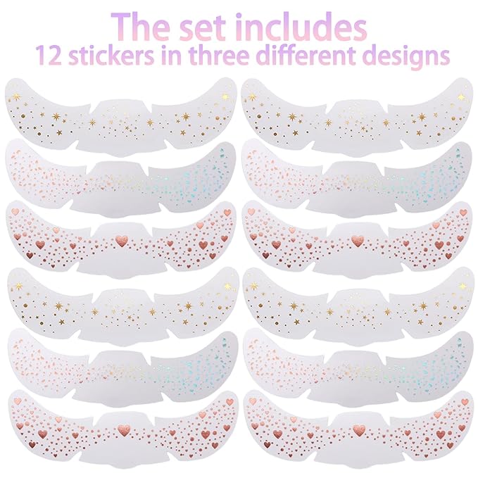 12 Sheets Glitter Freckles Stickers for Face and Body, Star and Heart Face Tattoo for Women and Girls, Long Lasting Waterproof Festival Rave Makeup Accessories