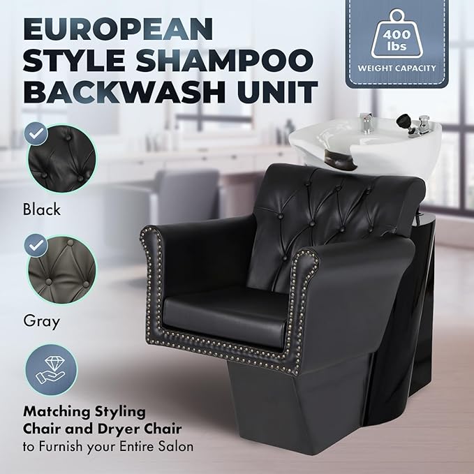 Buy-Rite Chelsea Backwash Station - Black Tufted Chair, White Tilting Porcelain Sink, Nailhead Trim, Removable Cushion, Faucet, Hose & Vacuum Breaker, NIN-9902BW