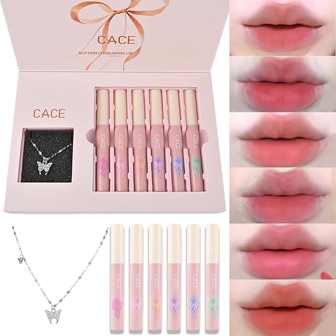 Makeup Set for Women, Lipstick Gift Box Set Include 6Pcs Matte Liquid Lipstick and a Butterfly Necklace, Easy to Match with Different Makeup looks, Christmas Makeup Set Gift for Girls-01