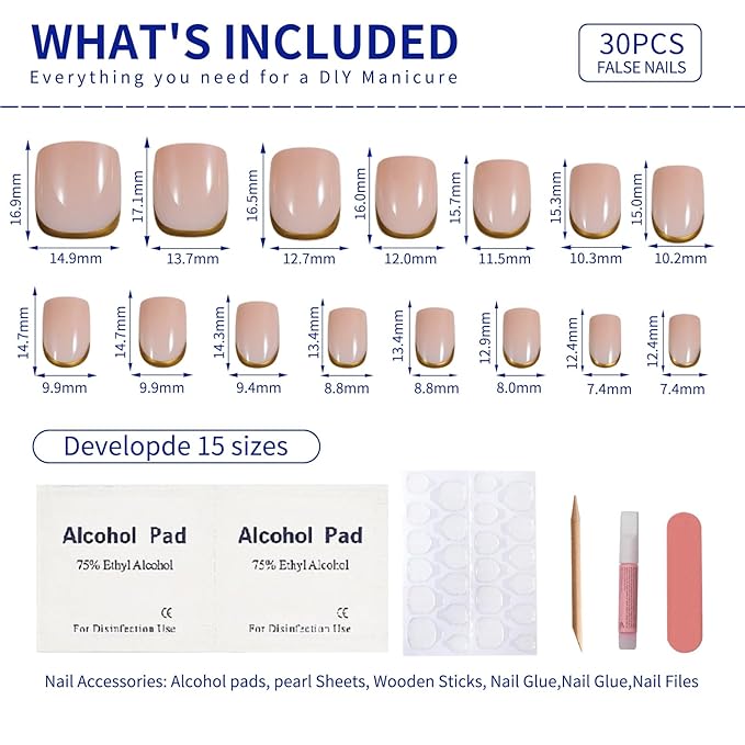 Short Press On Nails Square, Nude Fake Nails with Graceful Golden Curve at the Base, Glossy Gel Finish Acrylic Nails, Natural Reusable Glue On Nails Kit for Women, 15 Sizes - 30Pcs, Graceful Edge