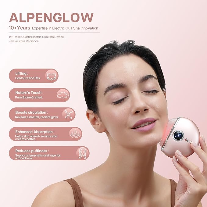 VRAIKO AlpenGlow Electric Gua Sha Device, Rose Quartz Gua Sha Facial Tools with Heat and Vibration, Gua Sha Face Massager for Lymphatic Drainage, Lift, Puffiness, Rejuvenation Natural Glow (Rose Gold)
