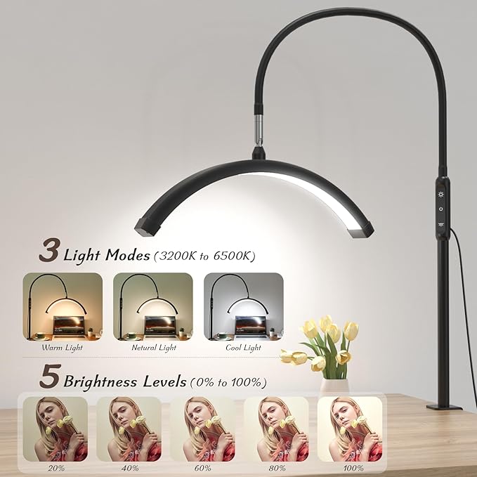 Half Moon Light with Clamp, LED Manicure Table Lamp, Desk Lamp for Nail Desk, Eyelash Extensions, Skincare and Tattoo, 5 Brightness Levels and 5 Color Modes, Remote Control (Black)