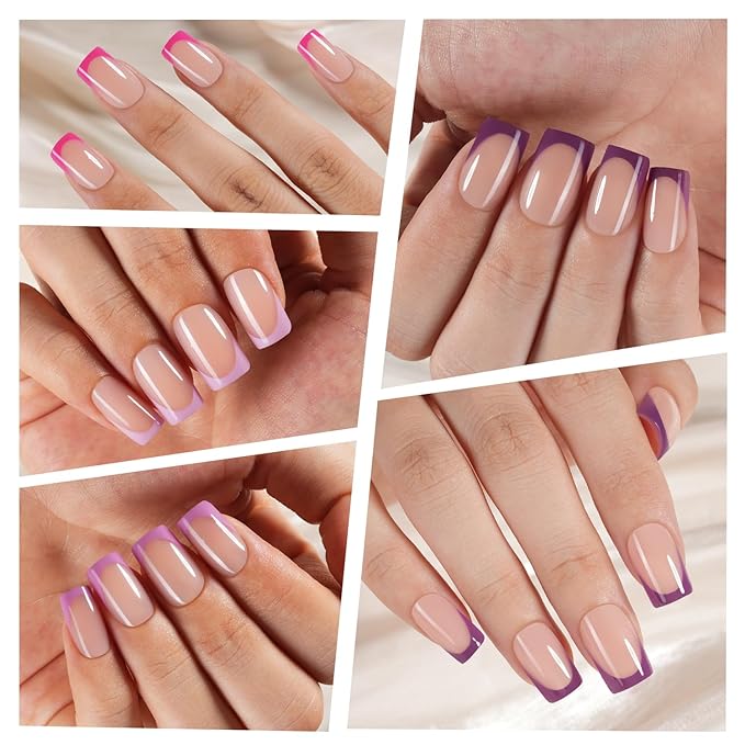 Misssix French Gel Nail Tips, 160Pcs Purple French Tip Press on Nails Short Square, No Need to File Tips Pre-lasting, Fake Nails for Nail Art DIY 16 Sizes