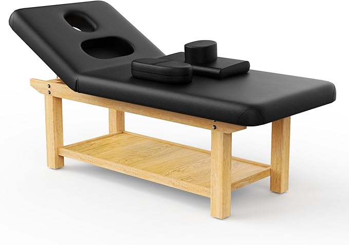 Wooden Massage Bed Adjustable Heavy-Duty Wide Stationary Massage Table for Treatment Physical Therapy Table Professional Stationary Spa Facial Bed, PU Leather, 31.5'' W × 75'' L