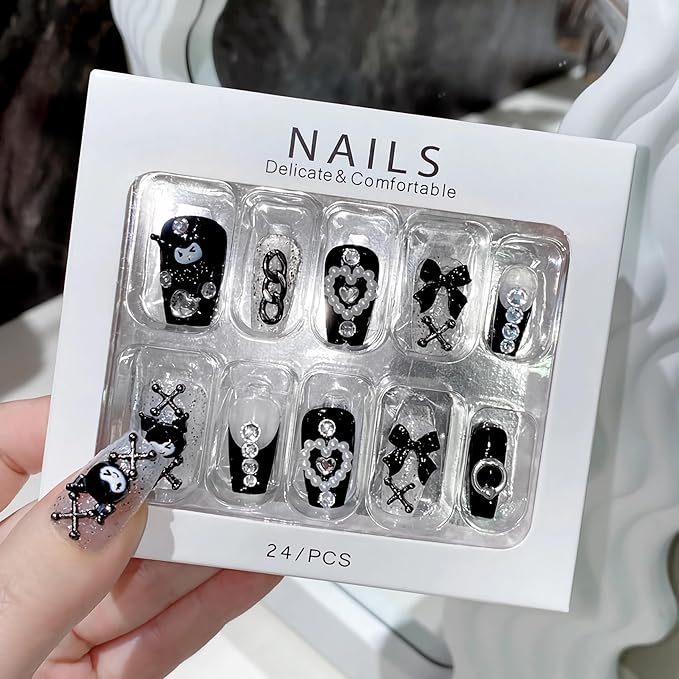 BABALAL Black Press on False Nails Medium Coffin Fake Nails Goth French Tip Glue ons Acrylic Nails Cute Bow Anime Heart Charm Design 24Pcs kawaii Luxury Bling Ballerina Manicure DIY