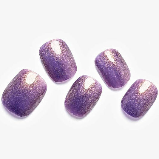 GLAMERMAID Extra Short Press on Nails 24PCS, Handmade Shimmer Purple Fall Gel Glue on Nails, Glossy Round Reusable UV Finish Fake Nails Acrylic False Nails Manicure Kits for Women