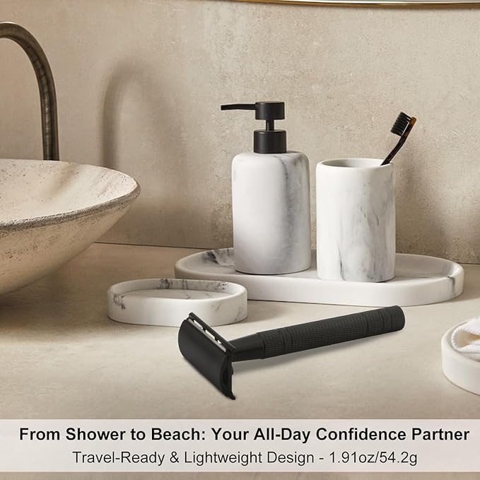 Matte Black Safety Razor, Single Blade Razors for Men, with 10 Stainless Steel Double Edge Blades, Reusable Metal 1 Blade Razor, Eco-Friendly, Smooth and Close Shave, Sustainable, Plastic Free