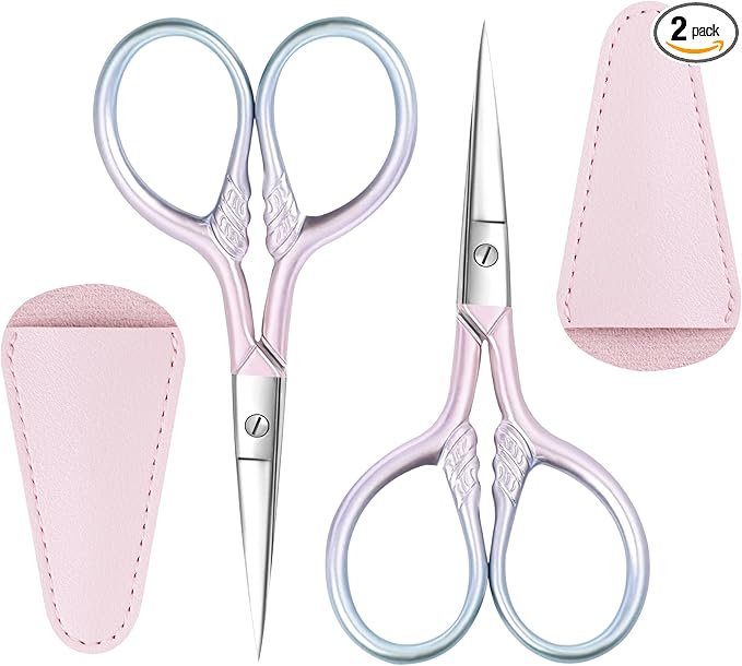 2 Pcs Eyebrow Scissors for Women, Professional Grooming Mini Scissors with Stainless Steel Straight Tip, 3.5 Inch Pink Small Scissors Beauty for Facial Hair, Eyebrows, Beard, Ear, Nose, Moustache
