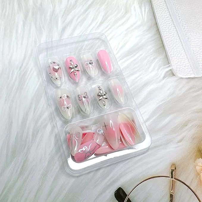24Pcs Handmade Press On Nails Fake Nails with 3D Diamond Designs French Press on Bow False Nail Full Cover Rhinestones Love Stick on Nails For Women Medium Almond Nail Tips Set