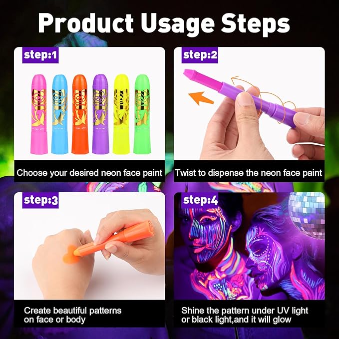 15PCS Glow Body & Face Paint,Glow in The Under UV Light or Black Light,Makeup Face Paint for Kids and Adults Halloween Club Birthday Party Masquerade,Neon Glow Party Supplies