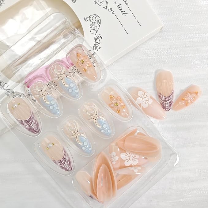 24Pcs Summer Beach Flower Press on Nails Medium Almond Fake Nails 3D Starfish Seashell with Hibiscus Press Ons Full Cover French Tip False Nails Ocean Manicure Decorations for Women Girls Acrylic DIY