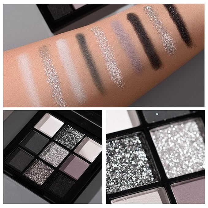 Erinde 9 Color Smokey Eyeshadow Palette, Highly Pigmented Matte & Glitter Shades,Black Silver Gray Eye Shadow Set for Halloween Makeup, Long-Lasting, Waterproof & Blendable, Reversal Star Smokey