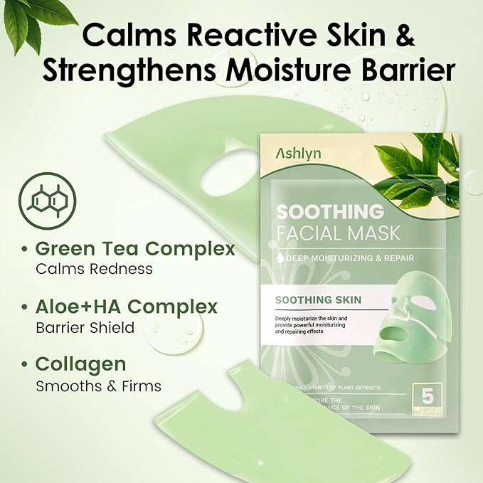 Ashlyn Green Tea Soothing Collagen Face Mask - Overnight Hydrating Sheet Mask with Hyaluronic Acid & Collagen for Sensitive Skin, Deep Moisture Calming Relief for Glass Skin, 35g, 5ea